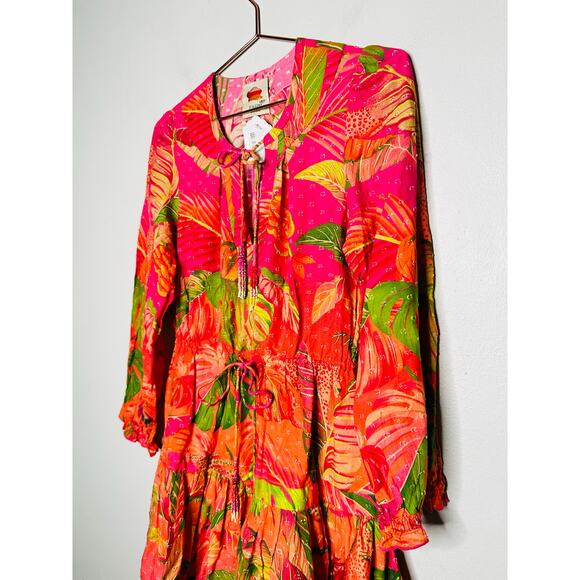 FARM RIO Pink Orange Floral Cotton A-Line Tie Waist Ombre Forest Mini Dress S - Picture 5 of 16